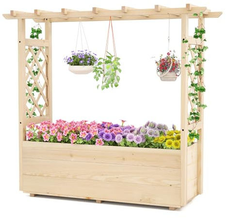 HOMASIS Jardinière Surélevée avec Treillis & Etagère de Toit, Lit de Jardin en Bois avec Trous de Drainage, Bac à Fleurs pour Plantes Grimpantes, Légumes, Fleurs, Herbes pour Extérieur (Moyen)