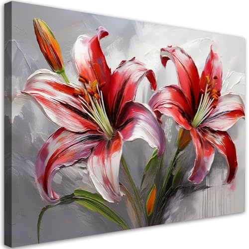 Feeby Quadro su Tela Non Tessuta - Stampa Su Tela - Gigli rossi Fiori dipinti - 45x30 cm - Decorazione Murale - Moderno Soggiorno - quadri moderni soggiorno - poster