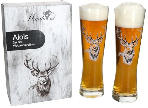 MamboCat Alois Lot de 2 verres à bière blée - Verres à bière classiques avec motif de cerf pour un plaisir de bière élégant - Emballage cadeau inclus