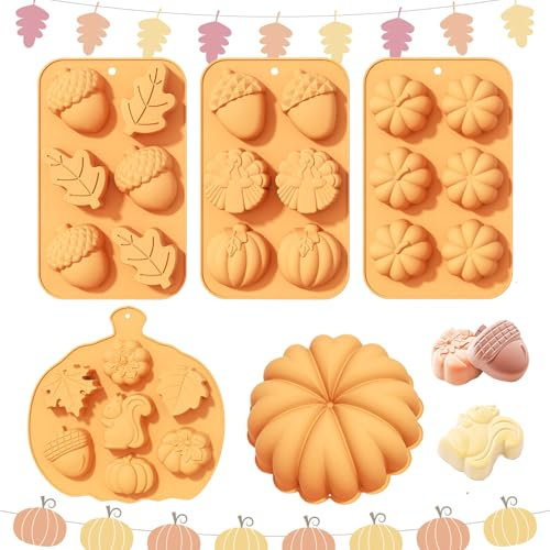 Shinybox Set da 5 Stampo Autunnale in Silicone per Cioccolato, Tema Giorno del Ringraziamento (Zucca, Ghiande), Stampo 3D per Bambini e Adulti, Dolci, Caramelle, Sapone