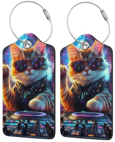 BoltPack Lot de 2 étiquettes à bagages avec boucle en acier inoxydable et protection de l'intimité Motif chat DJ