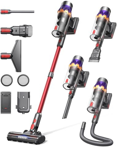 Cordless Vacuum Cleaner 550W 45KPa, 60Min Runtime Stick Vacuum with Touch Screen & Auto Mode, Self-Standing Cordless Vacuum with Wall Mount for Carpet, Hard Floor & Pet Hair – 0.75L Dust Cup (Red)