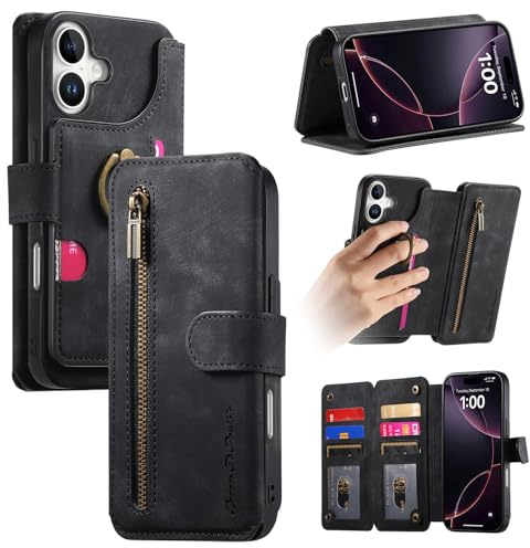 Trugox Zip Wallet Case for Apple iPhone 17 Phone Case with Ring Stand RFID Blocking Safe Card Holder Leather Purse Folio Book Folding Flip Case Cover Women Men - Black