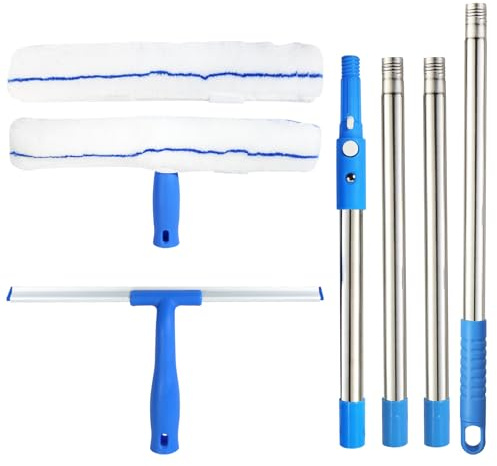Aevorant Kit de Limpieza de Cristales Telescópico con Palo de Acero Inoxidable de 160 cm – Incluye Rasqueta, Cabezales de Cepillo y Marco en T para Limpieza Sin Rayas en Cristales, Espejos