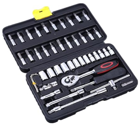 BELLIFFY 46 pezzi Attrezzi Meccanici con Cricchetto in Acciaio al Vanadio Kit Riparazione Auto Professionale Leggero e Portatile Include Bussole e Chiavi Inglesi per Colore Casuale
