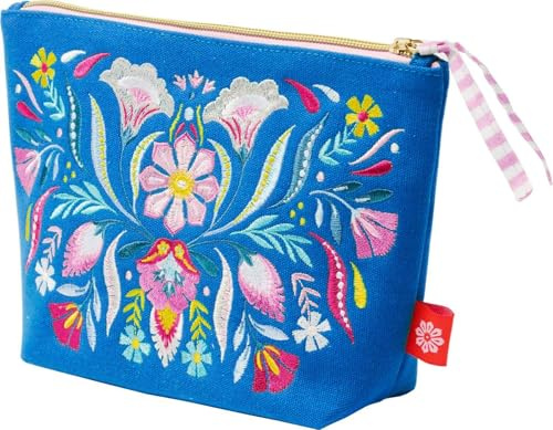 Fiesta del Sol Accessoirestasche bestickt, 18 x 24 cm, königsblau: Bunt bestickter Leinenstoff. Hochwertige Schminktasche oder Kulturbeutel. Geschenk für Freundin, Mutter, Tochter