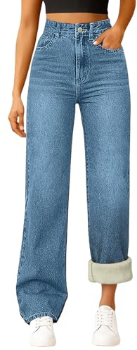 Generisch Pantalones vaqueros térmicos para mujer, forro polar, anchos, cintura alta, rectos de pierna ancha, Y2K con bolsillos, para mujer