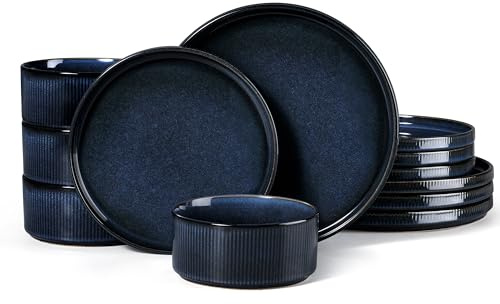 HaWare Dinner Set, 12 PCS Stoneware Plates and Bowls Set, Nebulas Blue | Reactive Glaze Dinnerware Sets, Vertical Stripe Edge Design, Chip and Scratch Resistant, Dishwasher & Microwave & Oven Safe