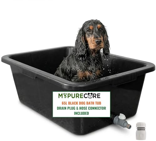 MYPURECORE Black Dog Bath Tub – Pet Bath Pool with Drain Plug & Hose Connector – Durable Plastic Bath for Indoor & Outdoor Pet Care (65L Dog Bath Tub)