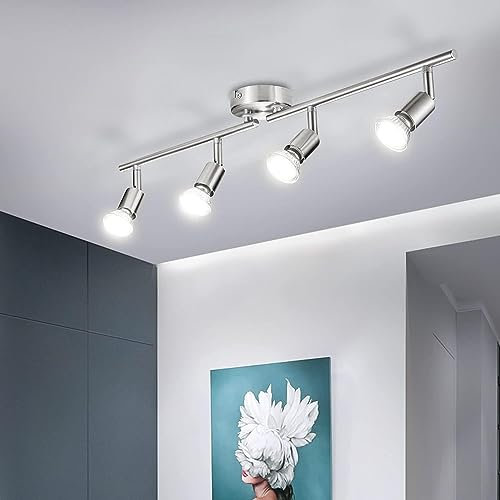 Bojim Faretti LED da Soffitto Orientabili Lampada, Plafoniera Lampadario Applique Interno, Parete Barra Luci Inclusi 4 x 6W GU10 Moderni, per Bagno Cucina Camera Corridoio, Neutra Bianco, Nichel Opaco