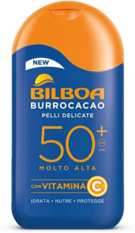 Bilboa Burrocacao Latte Solare SPF 50+, Protezione Solare Molto Alta per Pelli Sensibili, Formula con Vitamina C, Idrata, Nutre e Protegge,Dermatologicamente Testato, 200 ml