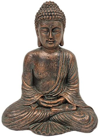 Sitting Buddha Garden Ornament Outdoor Statue Indoor Home Decor Stone Effect Figurine Table top Thai Meditating Décor Zen Weather Resistant Bronzed Effect 24cm Tall