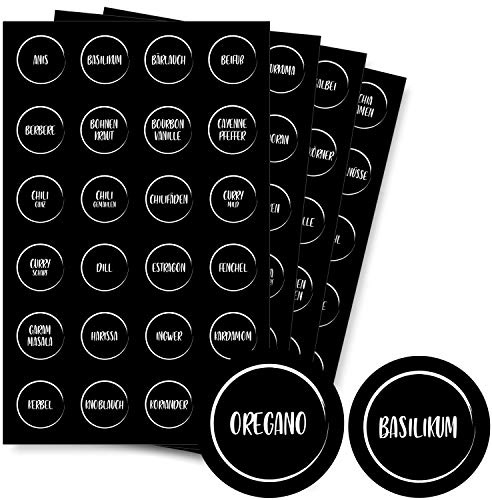 Gewürzetiketten (96 Stück) - Schwarz - Aufkleber Gewürze Etiketten Selbstklebend - Vorratsetiketten - Rund - Wasserfest - Gewürz Sticker - Küchenetiketten - klein 4cm