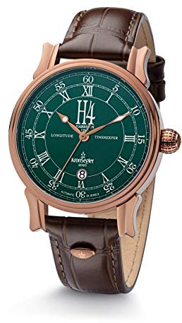 Kronsegler H4 Longitude Timekeeper Kupfer - grün | Herren Automatikuhr 42,5 mm | mit Saphirglas, grünem Zifferblatt, Lederband und Faltschließe