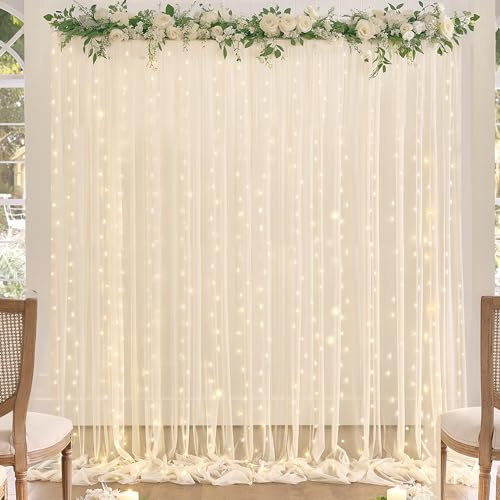 Lot de 2 Rideaux de Fond Champagne avec guirlandes Lumineuses pour fêtes de Mariage, Rideaux de Fond en Tulle Transparent pour fête prénuptiale, fête prénatale, fête d'anniversaire, décoration de