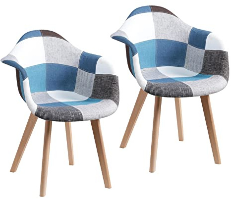 GrandCA HOME 2er-Set Esszimmerstühle mit Armlehne, Vintage-Küchenstühle, Sessel, Massivholzbeine und Patchwork-Stoffsitz, für Schlafzimmer, Wohnzimmer, Esszimmer und Küche(Blau)