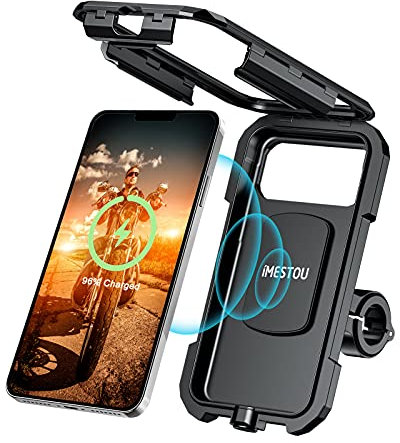 iMESTOU Wasserdichtes Motorrad Wireless USB C Telefonmontage, Lenker Handyhalter 360 Rotation Passt für 5,5-6,8 Smartphones, funktioniert mit 12/24V Motorrädern (L)