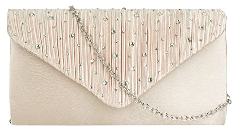 MEGAUK Damen Glitzer Clutch Satin Strass Unterarmtasche mit Abnehmbare Kette für Hochzeit Wedding Ball Bankett Prom Party (06772 Beige)
