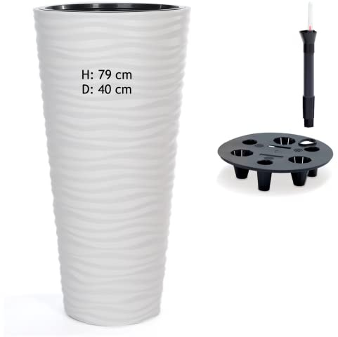 MELTOM Blumentopf mit Bewässerungssystem 3D Effekt - Wellen Rund Slim, Farbe: Weiß, DxH: 40 x 79 cm, Hoch