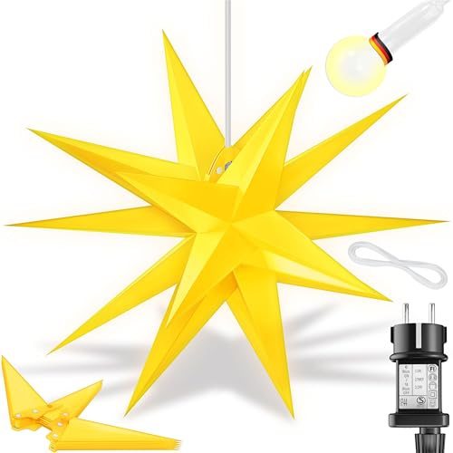 KESSER® 100cm Leuchtstern 3D, LED Weihnachtsstern mit Timer für innen und außen, Adventsstern Beleuchtet hängend Gelb Stern + Warmweiß Licht