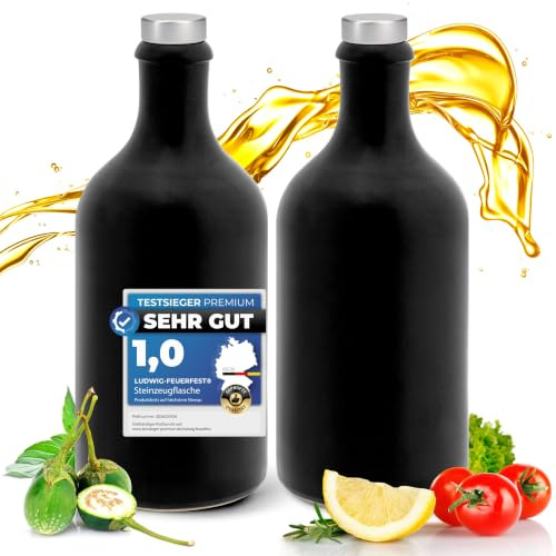 Gourmet Essig & Öl – Flaschen mit Ausgießer, Made in Germany Handgefertigt. Exklusive Steinzeugflaschen, einzigartig, zeitlos und chic. Ausgießer in Deluxe- Silber (2x 500ml, schwarz)