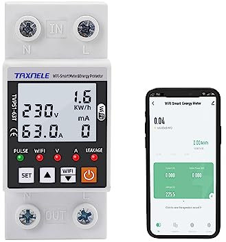 WiFi Smart Energy Meter AC 63A 80-300V WiFi Smart Earth Leakage Over Under Voltage Protector Relay Device Switch Breaker Energy Power kWh Meter Smart Life 230V Compatible with Google Home and Alexa