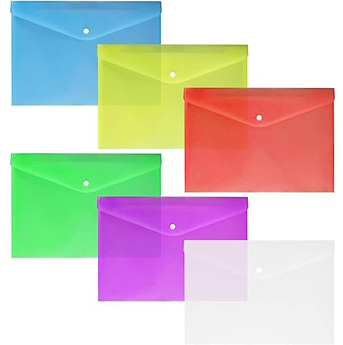 ASYKNM 6 Pièces Pochette Plastique Documents, Pochette à Bouton Pression, A5, Couleurs Transparentes Assorties, pour Maison, Bureau, l'école avec Bouton