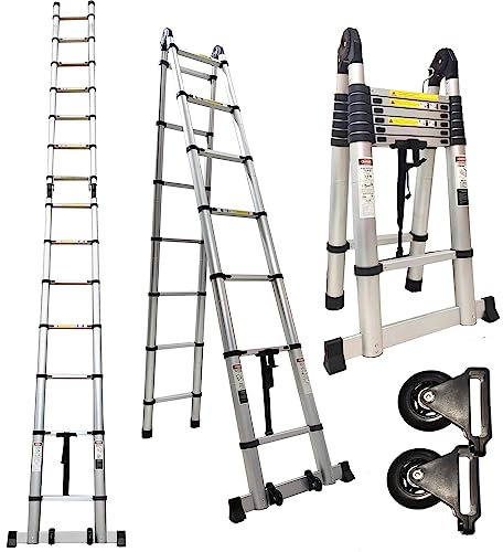 Hooha 5,8m (2,9m+2,9 m) Teleskopleiter Klappleiter Mit Rad Stehleiter Mehrzweckleiter aus hochwertigem Aluminium Ausziehbare Leiter Sicherheitsverriegelung Anti-Rutsch 150 kg Belastbarkeit