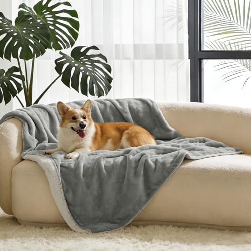 Pawsee Wasserdicht Hundedecke Katzendecke mit Pfotenabdruck, Waschbar Fleece Sherpa Hundehandtuch für Couch Bett Outdoor, Wasserdichte Tagesdecke Bettschutz Sofa Überwurf Sofabezug, 150 x 130 cm, Grey