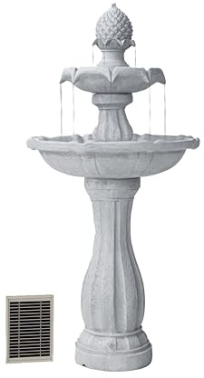 XBrand 44 H White Fiberglass/Resin 2-Tier Solar Water Feature w/Auto-Off Pump - Tall Outdoor Birdbath Fountain