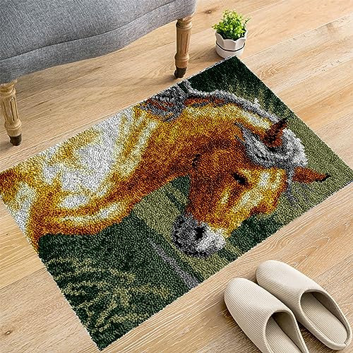 AMBATTERY Knüpfkissen Tier Pferd Fußmatte Teppich Making Kits, Geschenkverpackung DIY Für Kinder/Erwachsene Mit Bedruckter Leinwand 21X29In