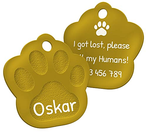 ENGRAVO Hundemarke mit Gravur in Gold 33mm | Pfote Halsbandanhänger personalisiert | Namensschild für Halsband | Anhänger Marke für Hunde, Welpen & Katzen | Dog Tag mit Wunschgravur