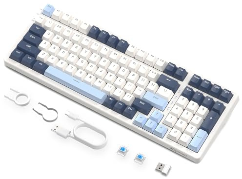 FREEWOLF K8 Clavier de Jeu Mécanique sans Fil à échange à Chaud, Clavier Filaire Rétroéclairé RGB, Commutateur Bleu, Bluetooth/2,4 GHz/USB-C Tri Mode avec Batterie 4000 mAh pour Mac/Win – Bleu/Blanc
