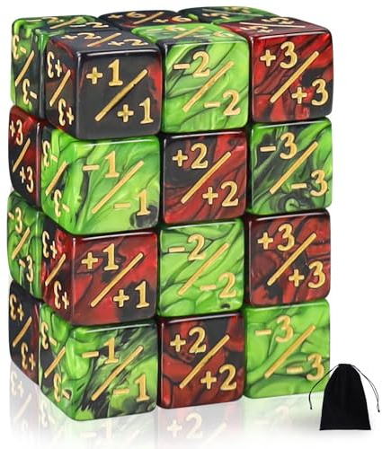 24 Stück MTG Zähler Token, +1/+6 & -1/-6 Würfelset, Glitter Sparkle Dice | MTG-Würfel Set Token, Loyalität Würfel Starry Marble D6 Würfel kompatibel, Farbverlauf Rot Grün