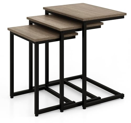 COSTWAY Set of 3 Nesting Tables, Industrial Stackable Coffee Snack Table Laptop Desk, Home Office C-Shaped Side End Table for Living Room Bedroom Balcony (Grey Oak)