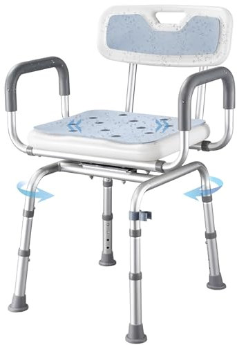 Silla de ducha giratoria con brazos y respaldo, silla de ducha giratoria Hybodies con altura ajustable, taburete de transferencia de bañera antideslizante, taburete ajustable seguro para