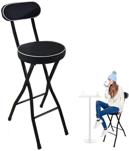 26inch/65cm, Klappbarer Küchen Barhocker mit Rückenlehne, Runder Gepolsterter Frühstücksstuhl, Counter Höhe Schwarzer Barhocker für Zuhause Camping Büro