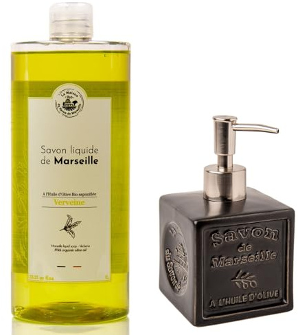 La Maison du Savon De Marseille - Bio Eisenkraut Flüssigseife mit nachfüllbarem Seifenspender aus schwarzer Keramik - Küchen- und Badezimmerzubehör für Zuhause - 1 Liter Nachfüllung und 300 Milliliter