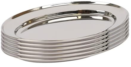 Argon Tableware 25 x 17cm Serving Platters - 6 Pack - Stainless Steel Chrome Dinner Tray Oval Plate Small Appetizer Serving Dishes for Party, Events, Table Service, Snack Platters
