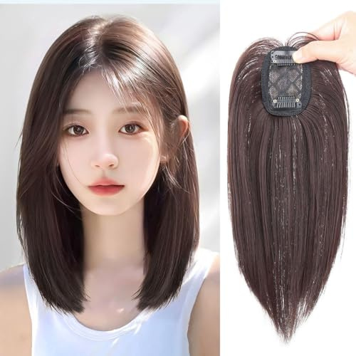 Glattes 25 cm langes Haarteil, Mittelteil mit Clips, synthetisch, intelligent, 5 x 8 cm, Perücken-Toupet für Damen, bedeckt dünnes Haar (dunkelbraun)