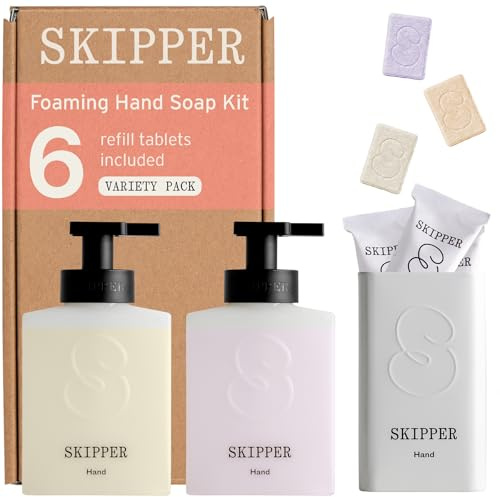 Tirtyl Skipper Handtvätt, Duo-kit HDPE – 2 HDPE återvunna plastskummdispensrar + 6 tabletters påfyllningar (6 x 250 ml tvålflaskor) + 1 förvaringsburk – olika dofter