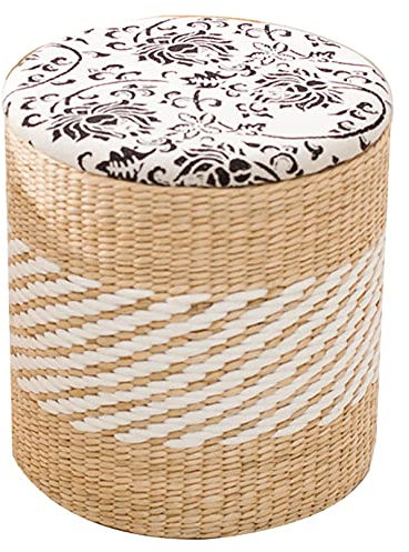 Fußhocker, Ottomane, Fußhocker, einfacher Hocker, Aufbewahrungshocker mit Stoffdeckel, Möbel, einfacher kleiner Hocker, runder Pouf aus Stroh und Rattan, Büro-/Familiensofa-Fußhocker/Holzfarbe/29 cm x