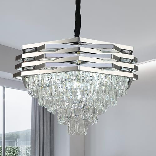 ZenithBeam Moderna Lampara ArañA De Cristal Cromo,60Cm Grande Lampara Techo Colgante K9 Piso 5 Circular Lampara Colgante Para Dormitorio De Cocina De La Sala De Estar