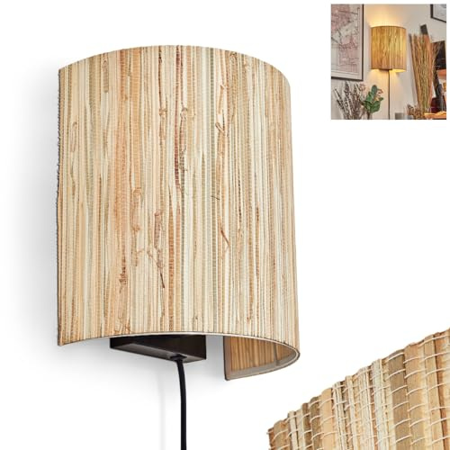 Wandleuchte Viadores, Wandlampe aus Metall/Seegras in Schwarz/Natur, Leuchte im Boho-Design, Wandleuchte mit Stecker und Schalter, abnehmbares Kabel, UP & Down Lichteffekt, 1 x E27, ohne Leuchtmittel