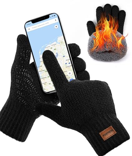 FORVEVO Handschuhe Herren, Rutschfest Warme Winterhandschuhe Damen,Touchscreen Thermo Strickhandschuhe mit Fleece Futter für Wandern Fahrrad Reiten(Schwarz)