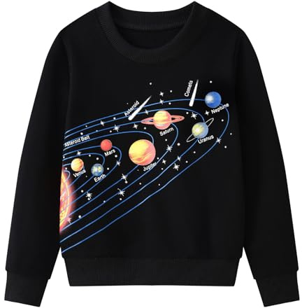 Smazero Boy's Solar System Space Sweatshirts Cotton Long Sleeve Jumper Crew-Neck Pullover Sweat shirt for Kids 3-8 Years Black