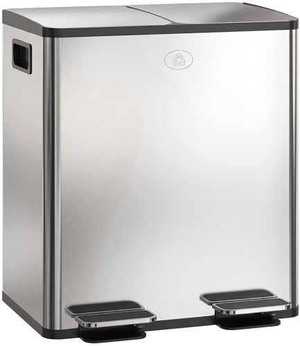 HOMCOM Doppelter Küchenmülleimer, 2 x 20 l, Treteimer aus Edelstahl, 2 Soft-Close-Deckel, herausnehmbare Inneneimer und Anti-Fingerabdruck-Griffe, 45,8 x 36 x 51,6 cm