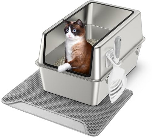 Stainless Steel Cat Litter Box with Lid, XL Extra Large Enclosure Removable Metal Box, High Sided for Big Cats, Litter Scoop, Double Layer Mat, Anti-Leakage, Non-Stick, Non-Odor