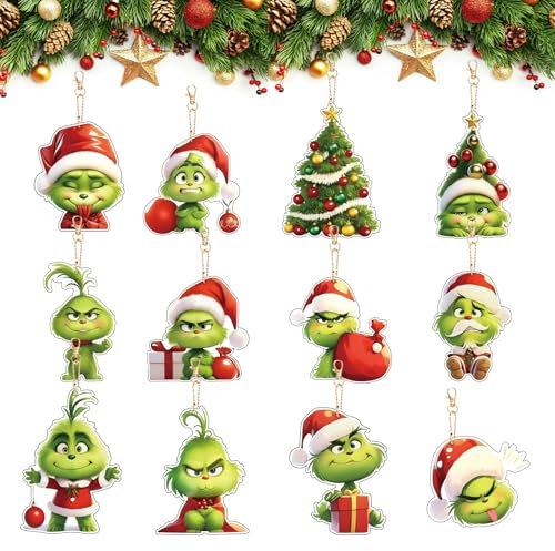 12 Stück Grinch Weihnachtsdekorationen mit elastischer Kordel Grinch Weihnachtsbaumschmuck Weihnachtsbaum Anhänger mit Schlüsselanhänger Grinch Hängende Ornament für Zuhause, Urlaub, Party
