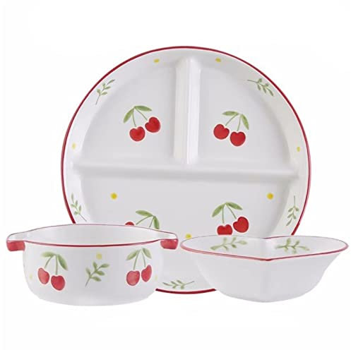 Juego de 3 platos bariátricos para una persona, platos divididos, cuencos de sopa en color blanco con patrón de frutas, ideal para control de peso y alimentación saludable